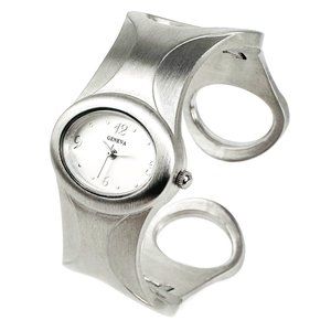 Geneva Oval Face Chrome Brushed Finish Metal Band Women's Bangle Cuff Watch